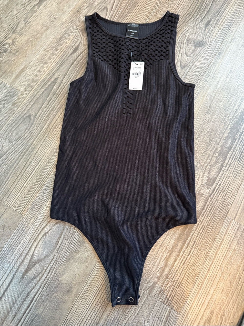 Express Black Sleeveless Knit Bodysuit with Laser-Cut Neckline